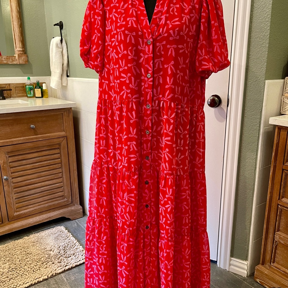 CeCe Red and Pink Midi Dress